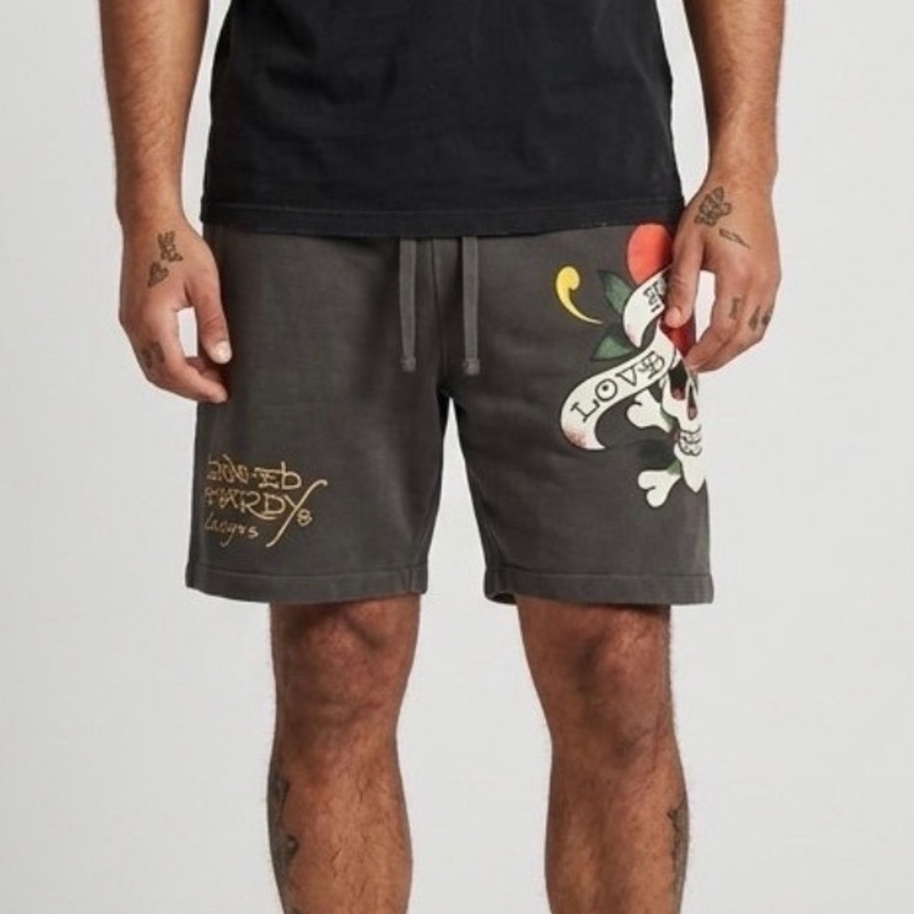 Ed Hardy Mens Love Kills Slowly Skull Sweat Shorts Black EHMTJ8100-6 Size L